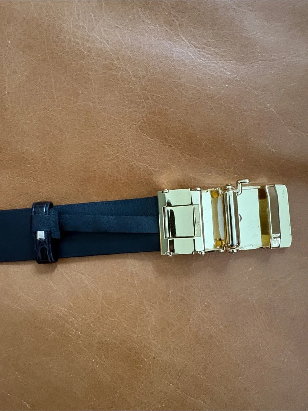 Leather Men’s Belt with Gold Crocodile Buckle - Black